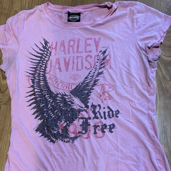Harley Davidson Women's Size M Front Eagle Logo W/Rhinestones Pink T-Shirt - Picture 1 of 5